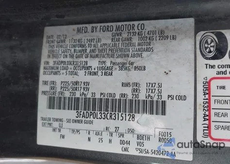 2012 Ford Fusion Hybrid z USA, uszkodzony, nr VIN 3FADP0L33CR315128
